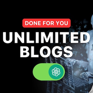 May include: A robot with a white body and blue eyes is typing on a laptop. The robot is surrounded by letters. The text "DONE FOR YOU" is in a red box. The text "UNLIMITED BLOGS" is in white letters on a black background. A green button with a white circle and a green symbol is in the lower right corner.