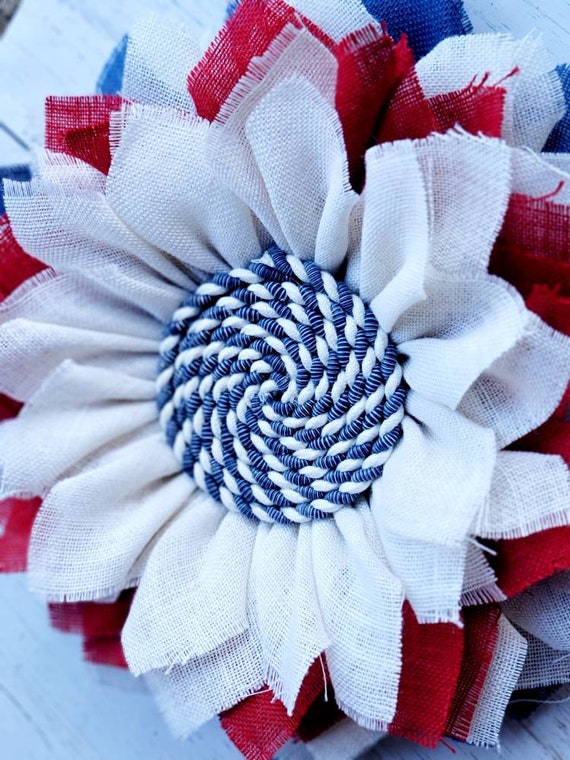 Patriotic Burlap Flower Wreath; Red, White & Blue Flower Wreath; Front Door Decor, Front Door Wreath