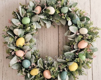 Spring Lambs Ear Wreath; Easter Egg Wreath; Lamba Ear Wreath; Easter Decor; Spring Door Decor