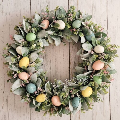 Spring Lambs Ear Wreath Easter Egg Wreath Lamba Ear Wreath Etsy
