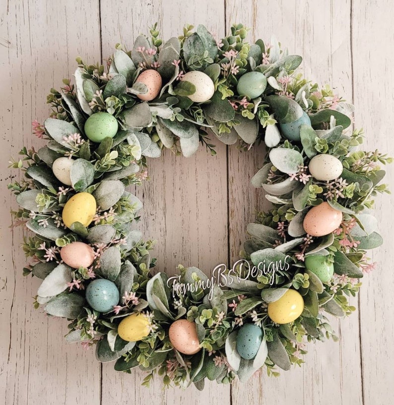 Spring Lambs Ear Wreath Easter Egg Wreath Lamba Ear Wreath Etsy