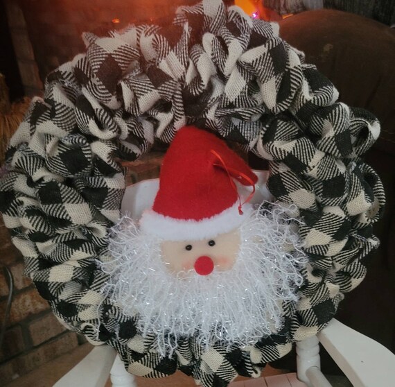 Rustic Santa Wreath; Black Buffalo Plaid Wreath; Santa Wreath; Black and white check wreath; santa christmas wreath