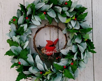 Lambs Ear Wreath; Farmhouse Cardinal Decor; Lambs Ear and Berry Wreath