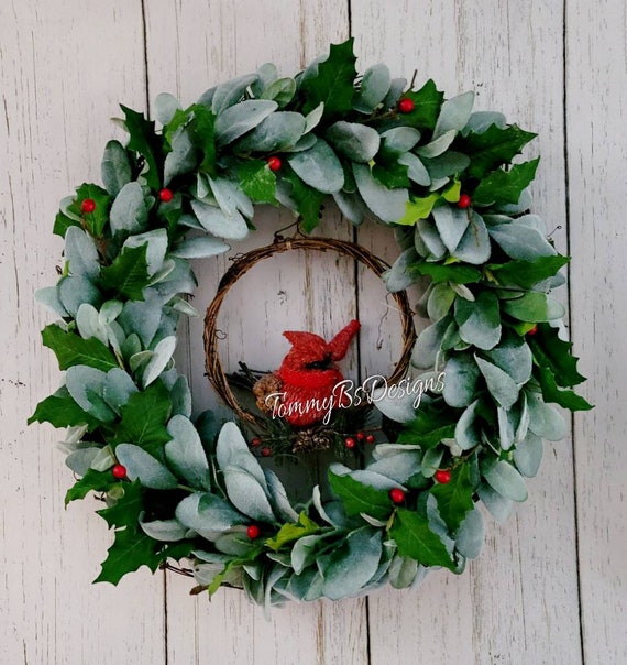 Lambs Ear Wreath; Farmhouse Cardinal Decor; Lambs Ear and Berry Wreath