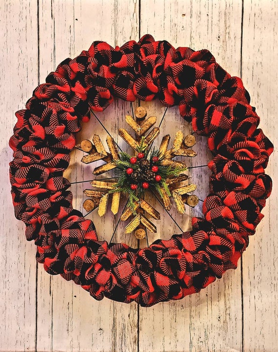 Rustic Winter Wreath; Red Buffalo Plaid Bike Wheel Wreath; Snow Flake Wreath; Red and black check wreath; bicycle wheel wreath;