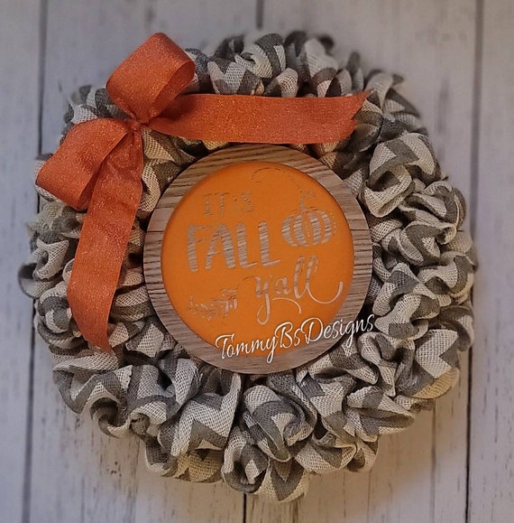 Rustic Fall Wreath; Grey Chevron Wreath; Grey and cream chevron wreath;