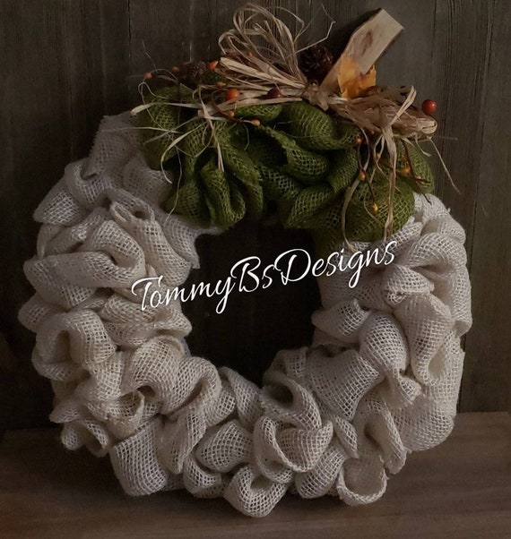Fall Favorite! White Burlap Pumpkin Wreath; Fall Wreath; pumpkin decor