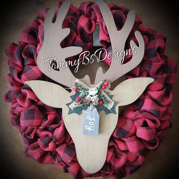 Rustic Winter Wreath; Red Buffalo Plaid Wreath; Reindeer Wreath; Red and black check wreath; deer wreath;