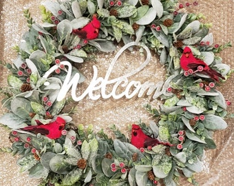 Lambs Ear Wreath; Farmhouse Christmas Decor; Lambs Ear and Berry Wreath