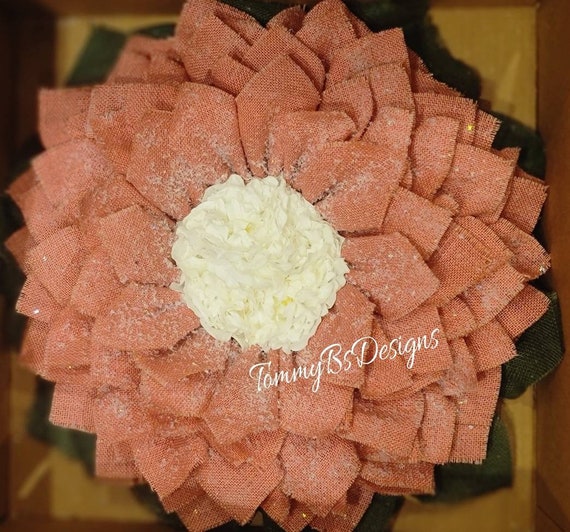 Dusty Pink burlap flower with winter white flower center; Front Door Decor; Holiday Decor; Christmas Decor