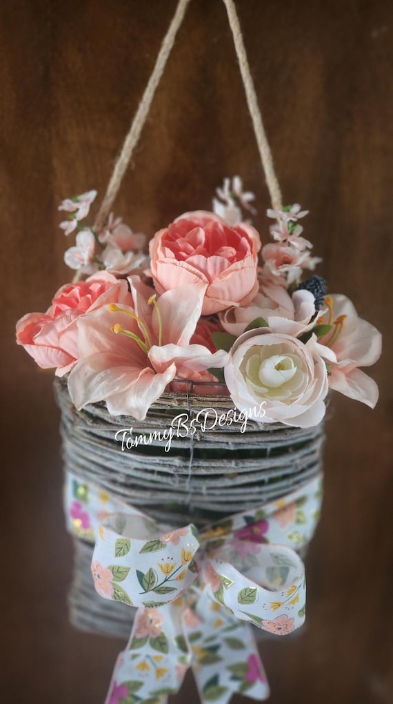 Spring Basket, Floral Basket, Spring Basket Wreath, Spring Decor, Peach and Blue Floral Wall Basket