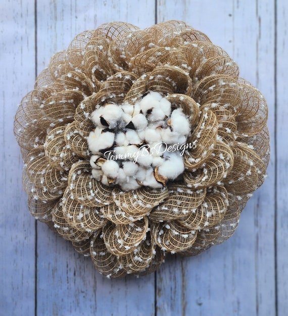 Farmhouse Wreath; Natural Deco Mesh Flower Wreath; Rustic Farmhouse Wreath