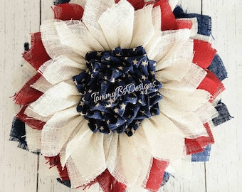 Patriotic Burlap Flower Wreath; Red, White & Blue Flower Wreath; Front Door Decor, Front Door Wreath