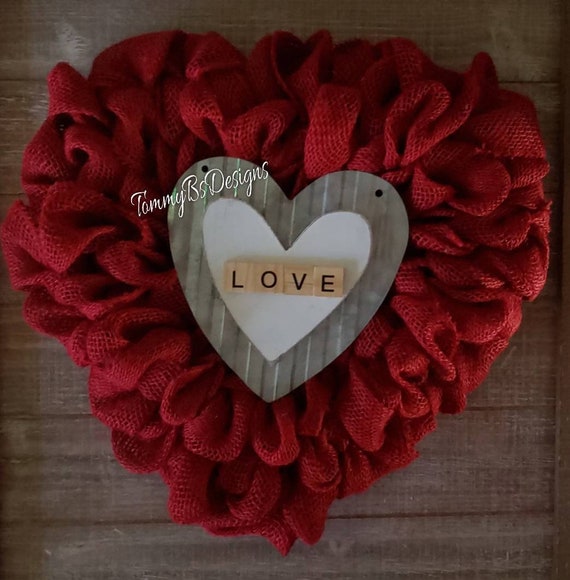 Valentines Day Wreath; Red Burlap Heart Wreath; Burlap Valentines Day Wreath