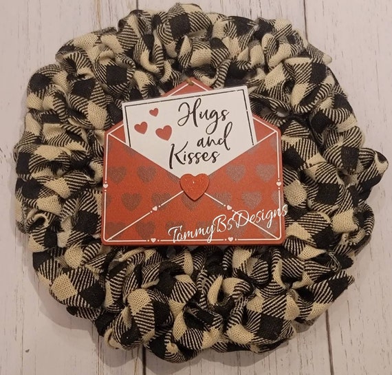 Ready to Ship!!; Rustic Farmhouse / Valentine's Day Wreath; Black and Cream Buffalo Plaid Wreath;