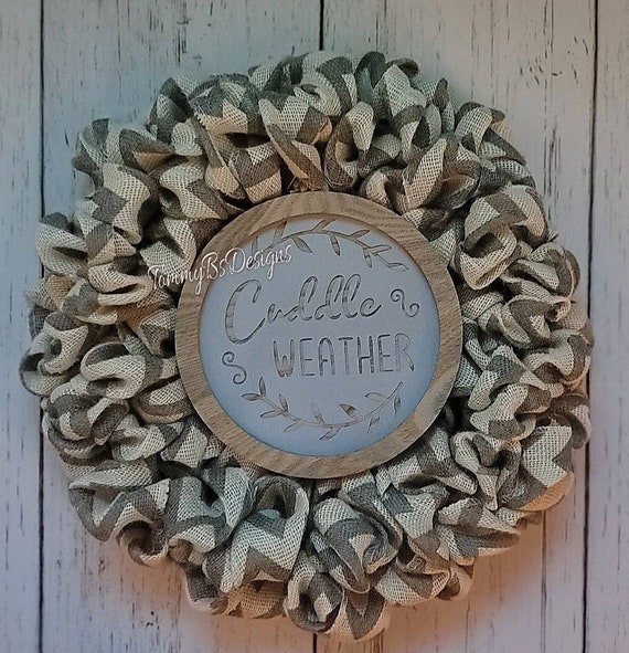 Rustic Fall Wreath; Grey Chevron Wreath; Grey and cream chevron wreath;