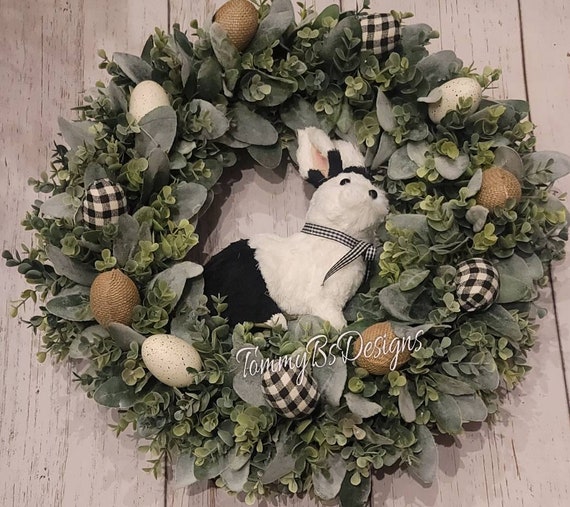 Farmhouse Lambs Ear Bunny Wreath; Easter Egg Wreath; Easter Bunny Lambs Ear Wreath; Easter Decor; Spring Door Decor; Farmhouse Decir