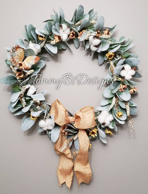 Lambs Ear Farmhouse Wreath, Wall Decor, Farmhouse Mantle Decor