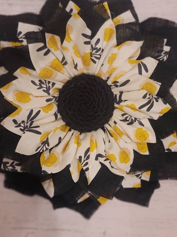Ready to ship. Black burlap sunflower with cream floral mat fees ss burlap flower; Door Decor;
