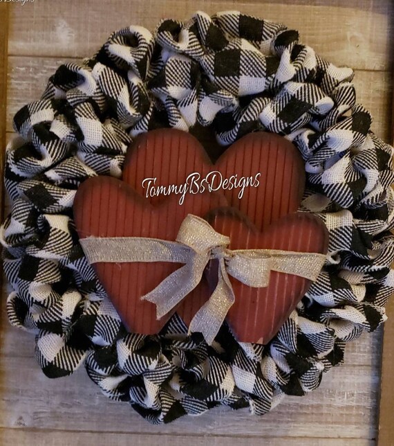 Ready to Ship; Rustic Farmhouse / Valentine's Day Wreath; Black and Cream Buffalo Plaid Wreath; Triple Heart Wreath;