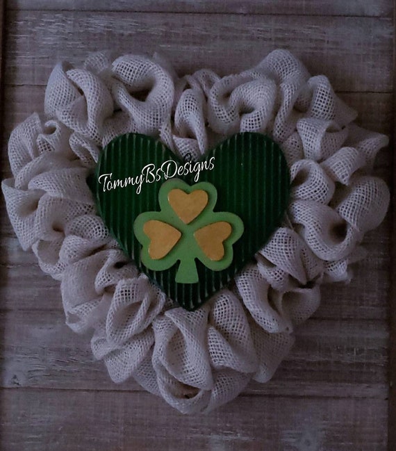 St Patrick's Day Wreath; Burlap Shamrock Heart Wreath; Burlap St Patrick's Day Wreath