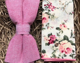 Dusty pink Salmon floral fabric bowtie suspenders necktie Groomsmen wedding ties toddler mens boutonniere Pink wedding ideas Usher Officiant