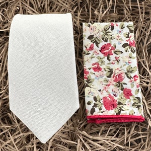 Cream Wedding Tie, Pocket Square, Cream Tie, Linen Blend Tie, Linen Anniversary Gift for Men, Linen Tie for Weddings