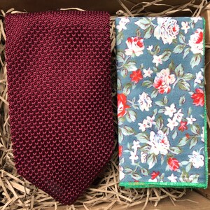 The  Mulberry Red Knitted Necktie & Birdbill Floral Pocket Square: Red Knitted Necktie, Mulberry Tie, Floral Pocket Square, Ties for Men,