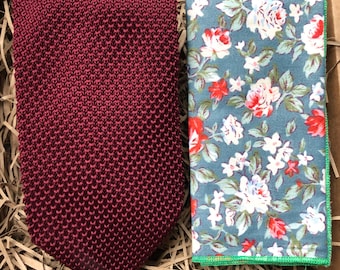The  Mulberry Red Knitted Necktie & Birdbill Floral Pocket Square: Red Knitted Necktie, Mulberry Tie, Floral Pocket Square, Ties for Men,