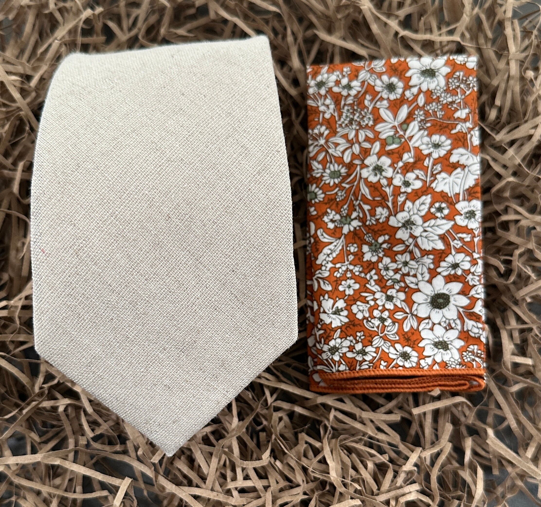 Wide Tie 8cm (3") | Flax Linen Tie | Cream Tie |  Tie & Pocket Square | Wedding Tie | Linen Blend Tie | Linen Anniversary Gift for Men |