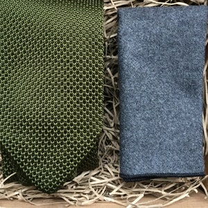 The Olive and Upland : Green Knitted Necktie, Grey Pocket Square, Knitted Ties, Green Ties, Ties For Men, Wedding Ties, Men&#39;s Gifts, UK