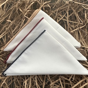 White Men&#39;s Handkerchief Set of Three  with Coloured Trim, Gifts for Men, Men&#39;s Hanky&#39;s, Wedding Attire, Groomsmen Gifts UK