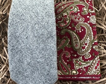 The Birch and Paisley: Men's Grey Tie, Mens Gifts, Gifts for Men, Paisley Pocket Handkerchief, Wedding Ties, Groomsmen Gifts