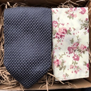 The Wild Rye & Heath: Grey Knitted Necktie and  Floral Pocket Square, Grey Necktie, Grey Tie, Pocket Square, Ties for Men, Ties For Men