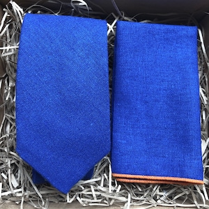 The Desert Bluebell Set: Royal Blue Linen Tie, Royal Blue Pocket Square, Tie Set, Wedding Ties, Groomsmen Gifts, Men&#39;s Gifts