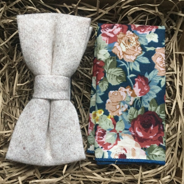 El conjunto de pajarita de lana de eneldo: pajarita de lana beige, pajarita crema, pañuelo de bolsillo, regalos para hombres, corbatas de boda, pajaritas para hombres