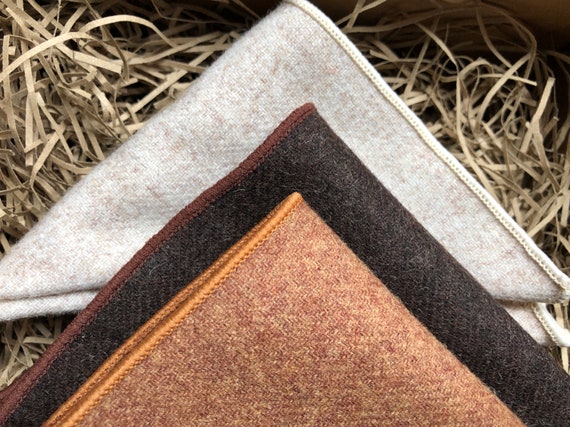 Wool Pocket Square Set, Brushwood Basswood Design, Men's Handkerchiefs
