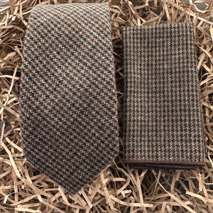 The Sycamore: Brown Check Tie and Pocket Square, Brown Men's Ties, Wedding Ties, Wool Ties For Men, Men's Gifts, Houndstooth Tie, Tweed Ties image 1