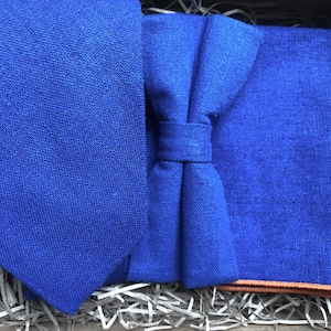 The Desert Bluebell Set: Royal Blue Linen Pre-Tied Tie, Bow Tie, Blue Men&#39;s Ties, Pocket Square, Tie Set, Wedding Ties, Groomsmen Gifts