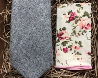 The Birch Grey Necktie and Floral Pocket Square Set: Grey Necktie, Grey Tie, Mens Necktie and Pocket Square, Wedding ties, Ties For Men