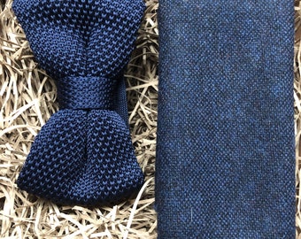 The Larkspur Bow Tie and Blue Pocket Square: Navy Pre-Tied Bow Tie, Blue Knitted Bow Tie, Knitted Bow Tie, Men's Gifts, Men's Bow Ties