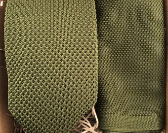 No Tariff or Duty USA - The Olive: Green Tie & Pocket Square, Knitted Tie, Pocket Square, Men's Gifts, Wedding Ties, Dark Olive Green Tie