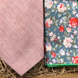 Le Parfait Rose & BirdBill: Dusky Pink Men's Ties, Tie Set, Floral Pocket Square, Mens Gifts, Dusky Pink Wedding Ties, Groomsmen Gifts
