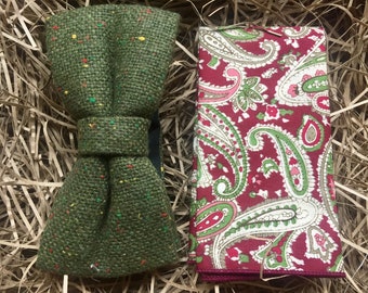 The Moss and Paisley: Olive Green Flecked Wool Pre-Tied Bow Tie, Tweed Bow Tie, Paisley Pocket Square, Mens Tie Sets, Wedding Ties