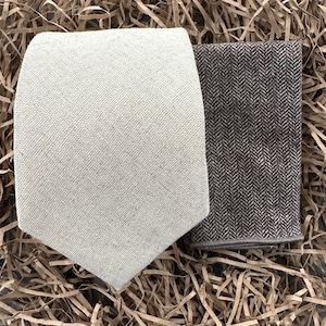Wide Tie 8cm (3&quot;) | Flax Linen Tie | Cream Tie | Brown Herringbone Pocket Square | Linen Blend Tie | Linen Anniversary Gift for Men |