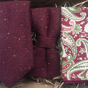 The Oak and Paisley: Burgundy Wool Necktie and Mulberry Pre-Tied Bow Tie, Paisley Pocket Square, Maroon Mens Ties, Tie Sets, Gifts For Men