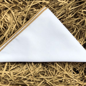 The Flat White Camel: White Cotton Pocket Square with Camel Gold Trim, White Cotton Pocket Square, Pocket Squares For Men, Men&#39;s Gifts