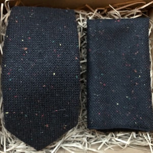 The Calla: Black Tie and Pocket Square Hankerchief Black Ties for Men, Flecked Wool Tie and Black Pocket Square, Wool Tie, Hankerchief Men