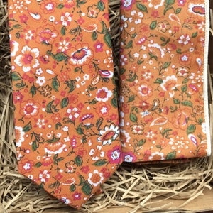 Orange Wedding Tie with Pocket Square | Orange Floral Ties, Orange Ties, Bow Ties, Vintage Tie, Men&#39;s Gifts, Unique Groomsmen Gifts