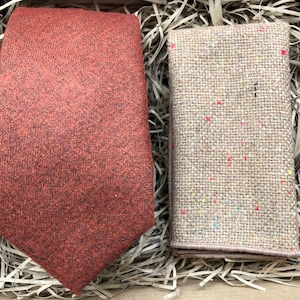 The Skyrocket & Rocky Mountain Rust Men&#39;s Tie Set Burnt Orange Men&#39;s Tie and Beige Pocket Square Wedding Ties Orange Ties Rust Ties